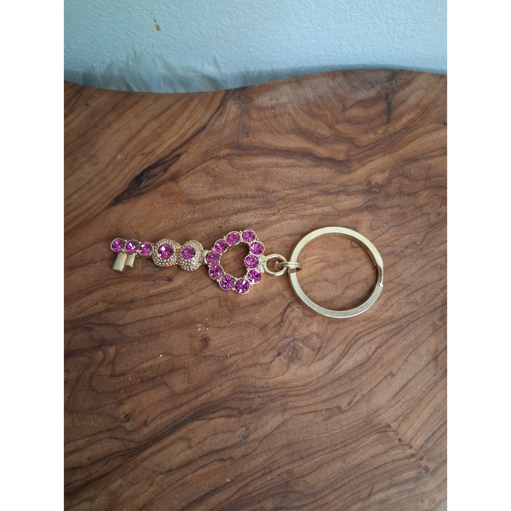 Pink Rhinestone Heart Skeleton Key Keychain Gold Tone Crystal Bag Charm